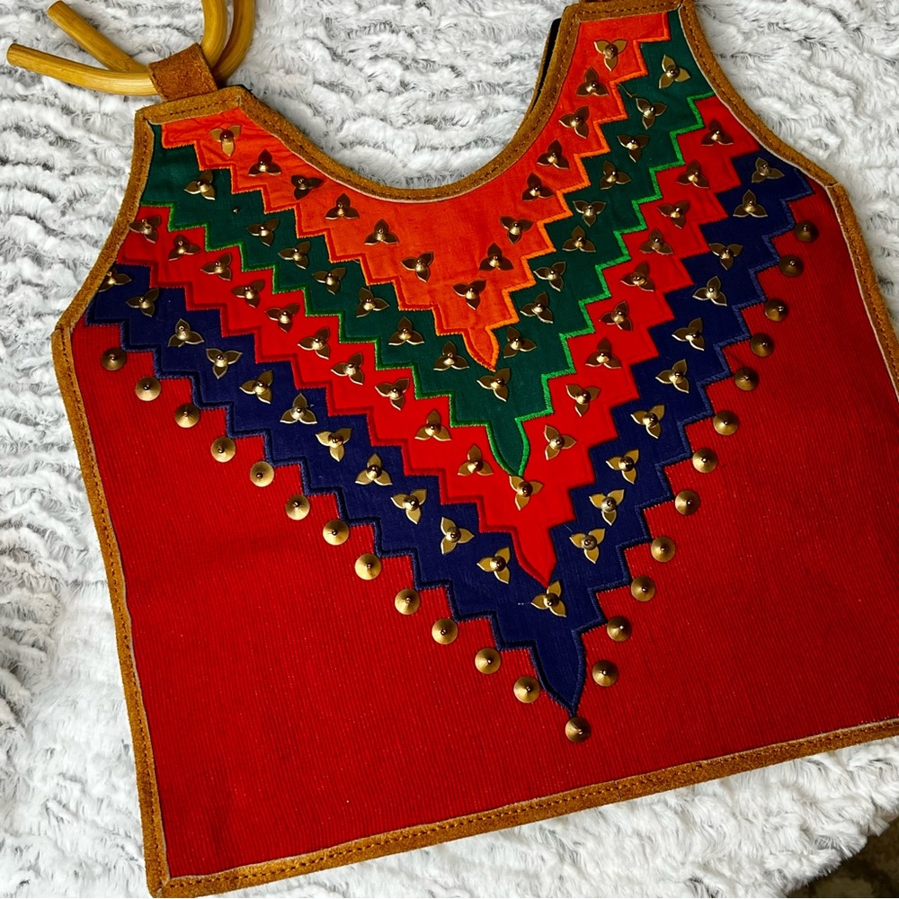 Aarong Bangladesh multi color gold highlights hand bag with bamboo handles